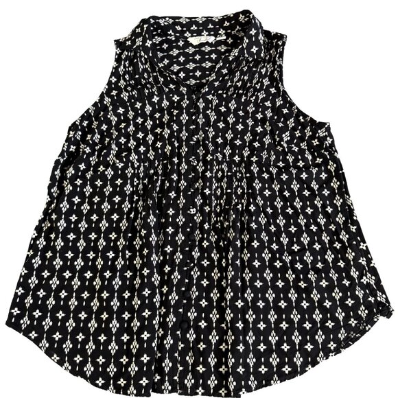 CAFFÉ MARRAKESH Sleeveless Button-Up Blouse 1X – Black & White Ikat Boho Tunic - Picture 5 of 9